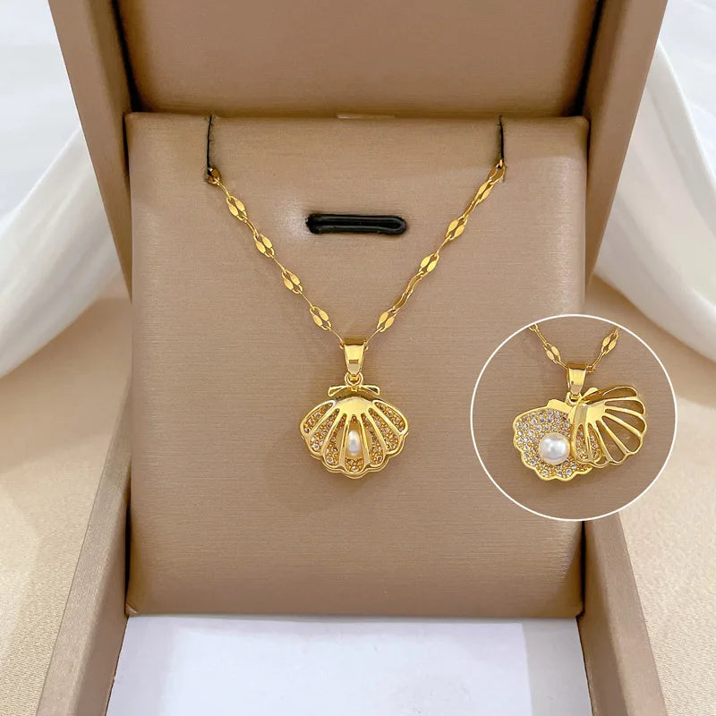 Red Rose Pendant Necklace – Stainless Steel Gold-Tone Floral Jewelry
