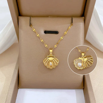 Red Rose Pendant Necklace – Stainless Steel Gold-Tone Floral Jewelry