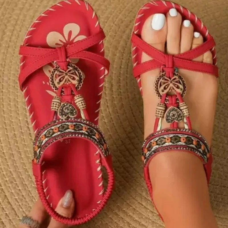 Women's Bohemian Flat Sandals – Beaded Open Toe Summer Shoes