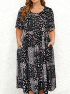 Robe midi grande taille à imprimé floral patchwork, col rond décontracté, manches courtes, coupe évasée avec poches