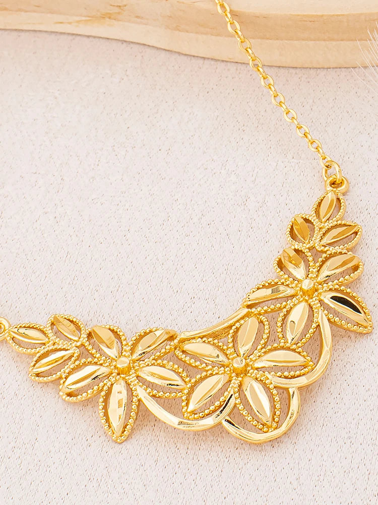 Gold-Plated Floral Necklace & Earrings Set for Women