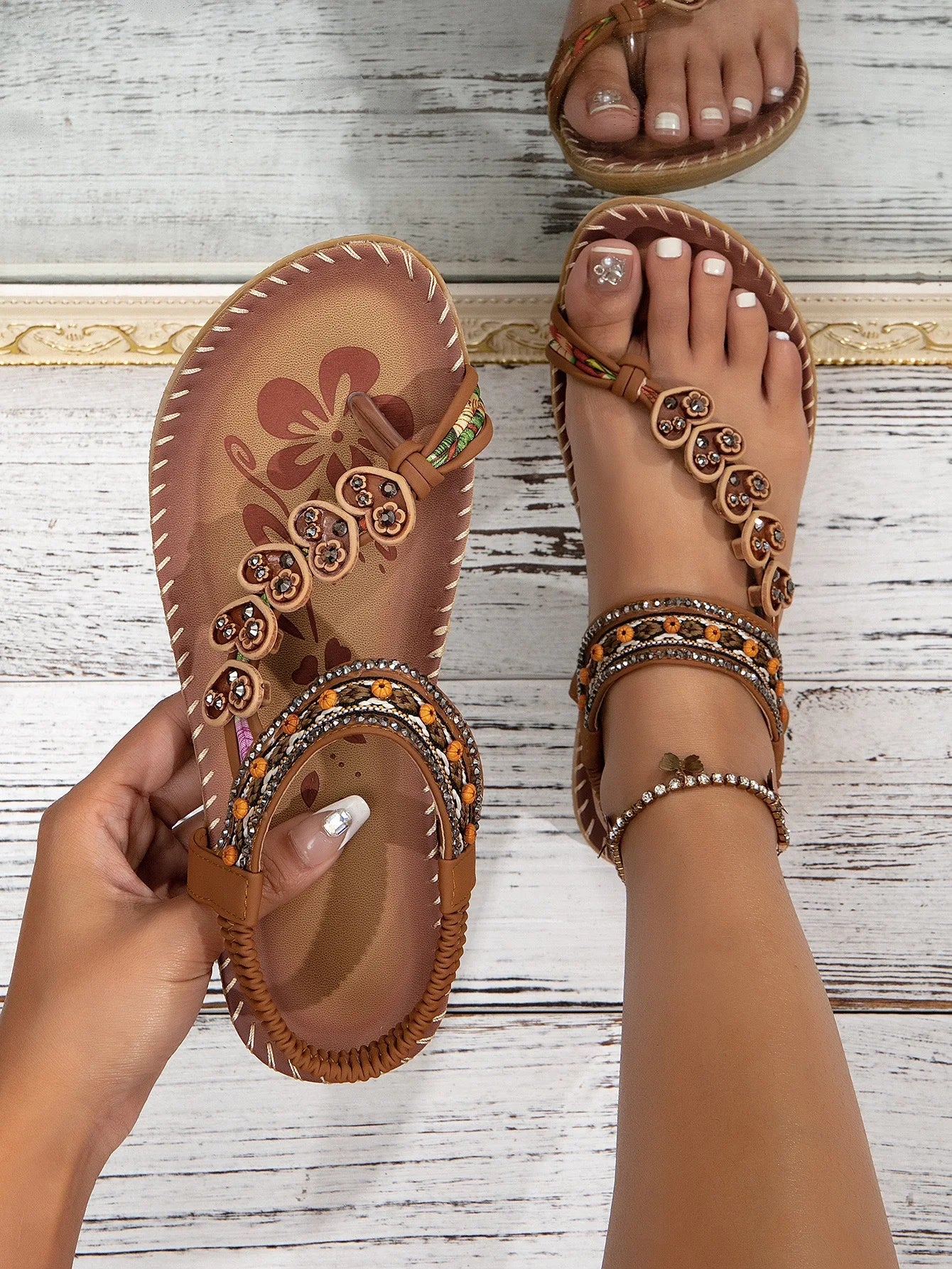 Women's Bohemian Flat Sandals – Beaded Open Toe Summer Shoes