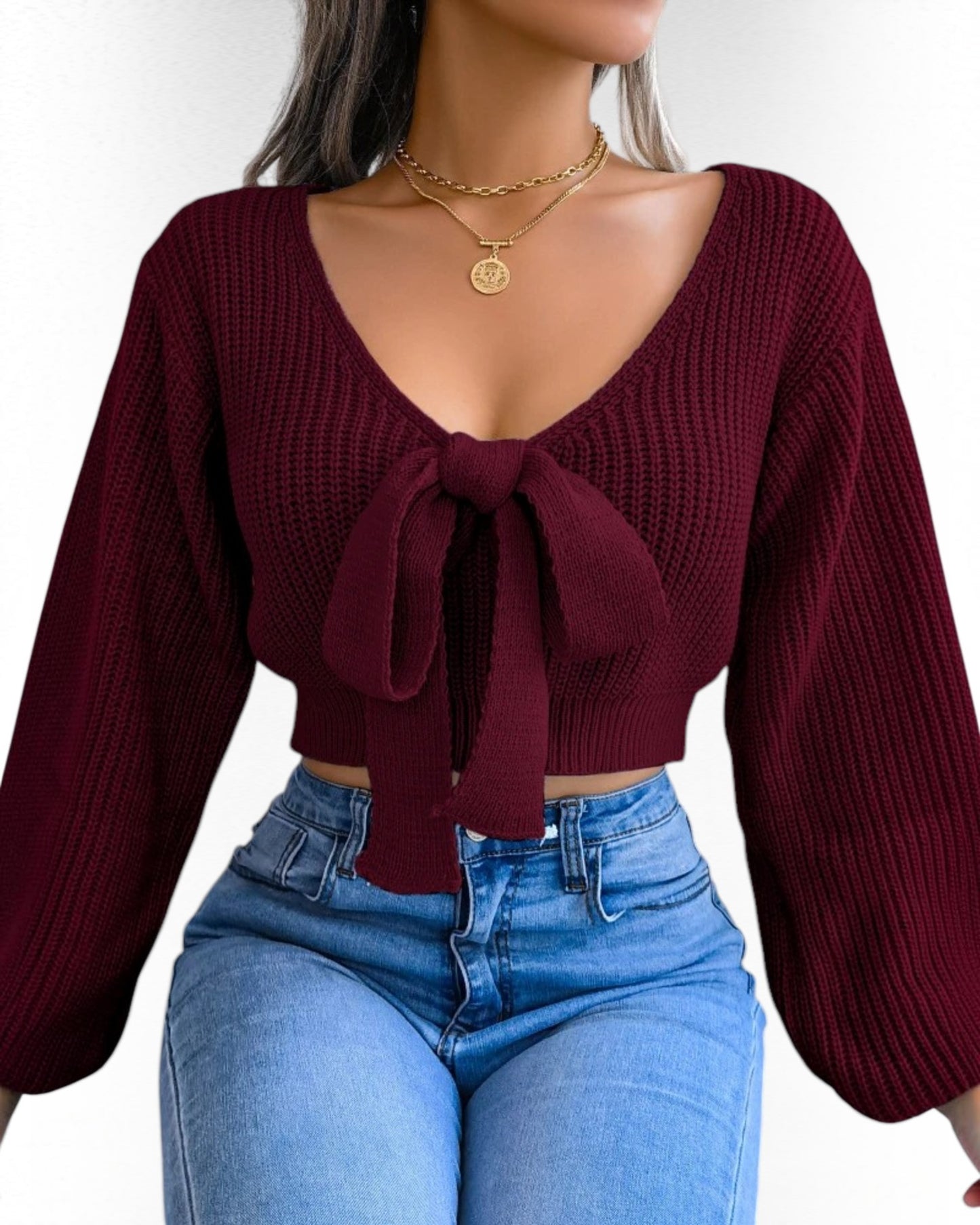 Women’s V-Neck Tie-Front Knit Sweater Top – Lantern Sleeves