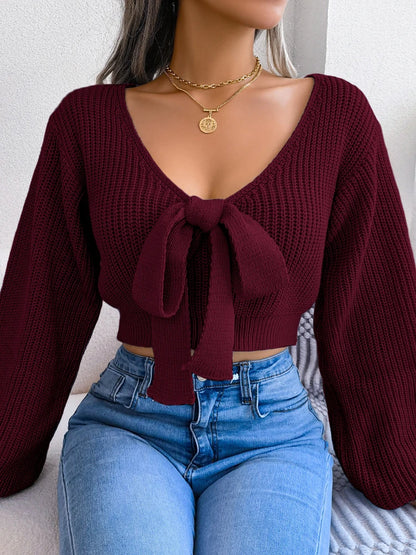Women’s V-Neck Tie-Front Knit Sweater Top – Lantern Sleeves