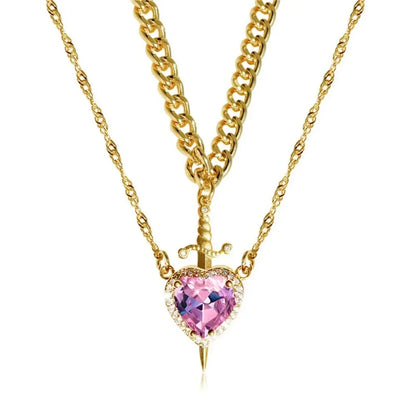 Heart & Sword Couple Necklace — Zirconia Pendant | Romantic Valentine's Gift