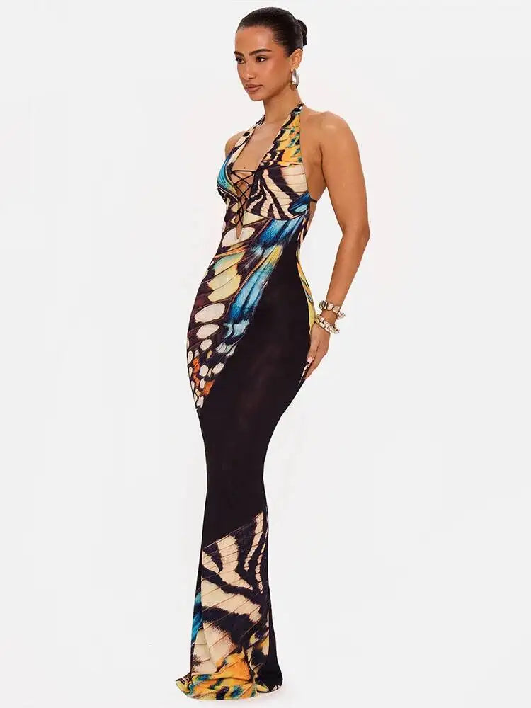 Butterfly Print Halter Maxi Dress