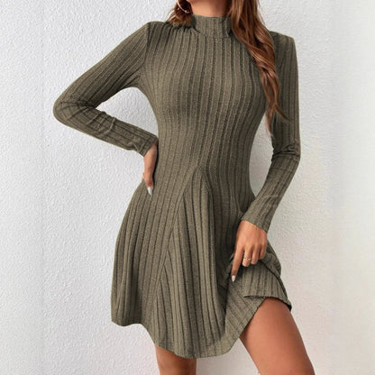 Elegant High-Neck Slim A-Line Mini Dress – Long Sleeve