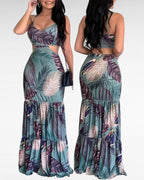 Women's tropical leaf print cutout maxi dress with V-neck and spaghetti straps