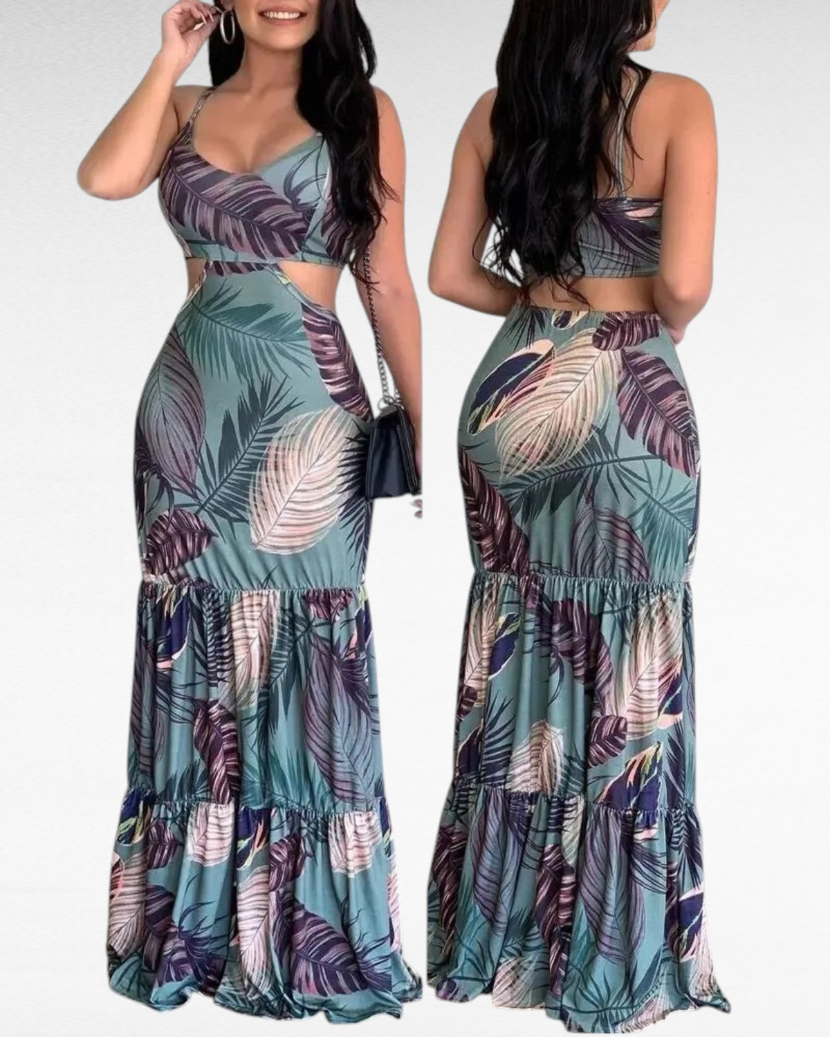Women's tropical leaf print cutout maxi dress with V-neck and spaghetti straps