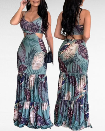 Women's tropical leaf print cutout maxi dress with V-neck and spaghetti straps
