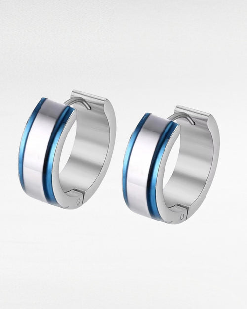 Women's silver stainless steel hoop earrings with blue accents