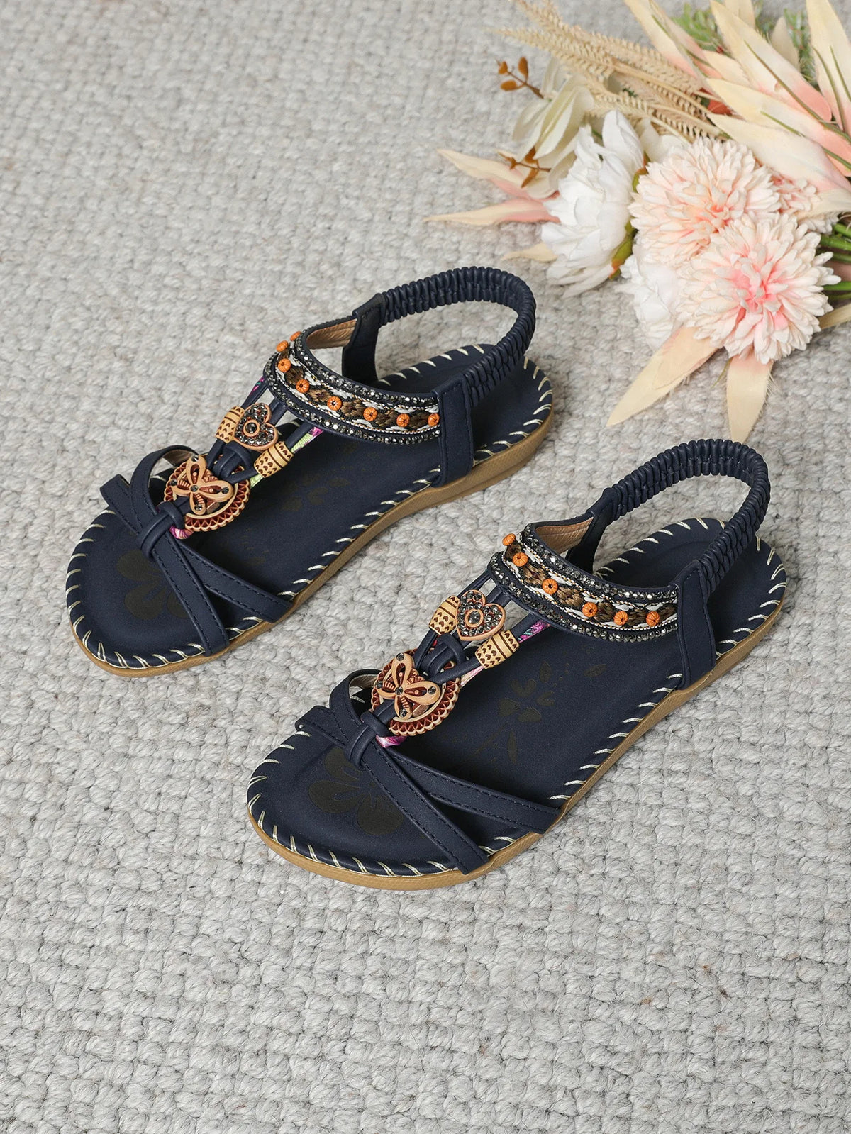 Women's Bohemian Flat Sandals – Beaded Open Toe Summer Shoes