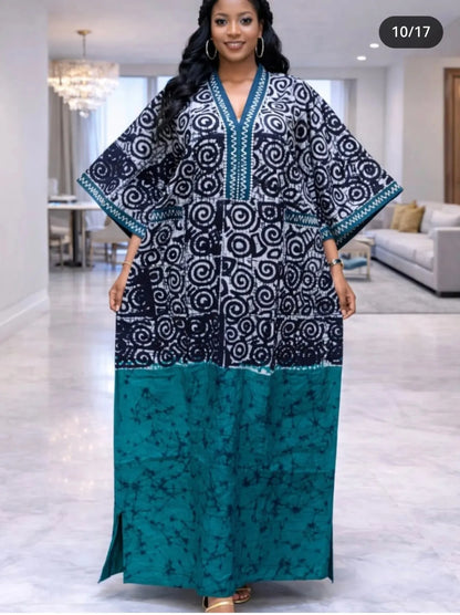 Women’s African Print Kaftan Maxi Dress – Loose V-Neck Gown