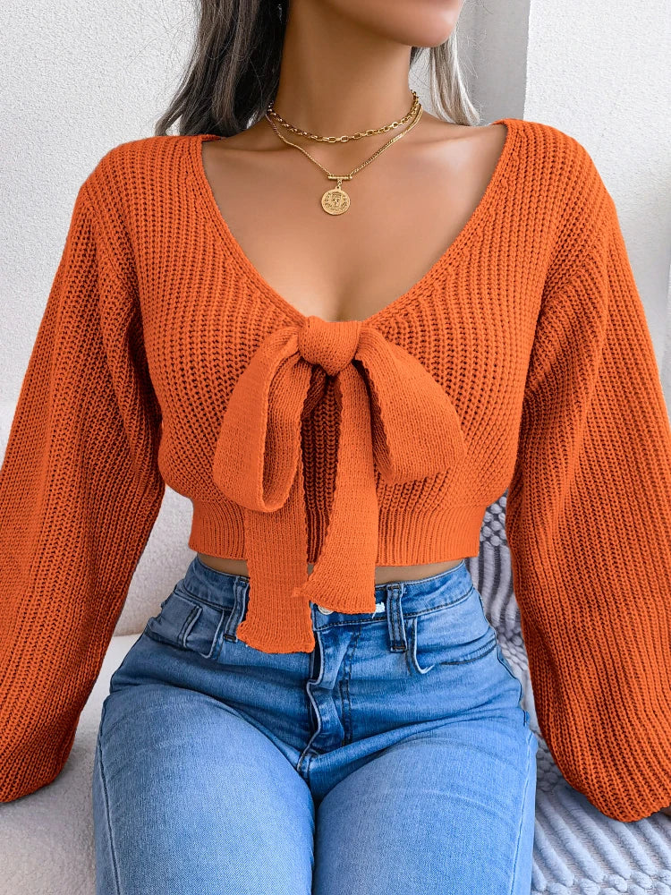 Women’s V-Neck Tie-Front Knit Sweater Top – Lantern Sleeves