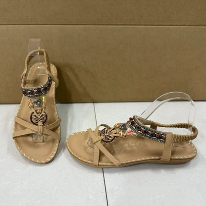 Women's Bohemian Flat Sandals – Beaded Open Toe Summer Shoes