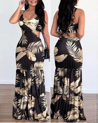 Women's Tropical Leaf Print Cutout Maxi Dress – V-Neck Spaghetti Strap Summer Dress
