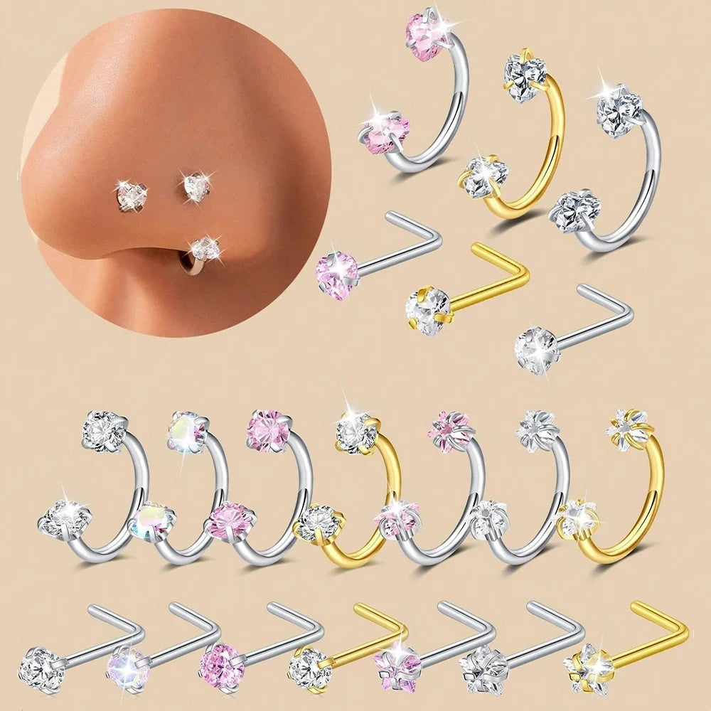 ZUPHAR CZ Nose Rings & Studs Set – Stainless Steel Body Jewelry 18G