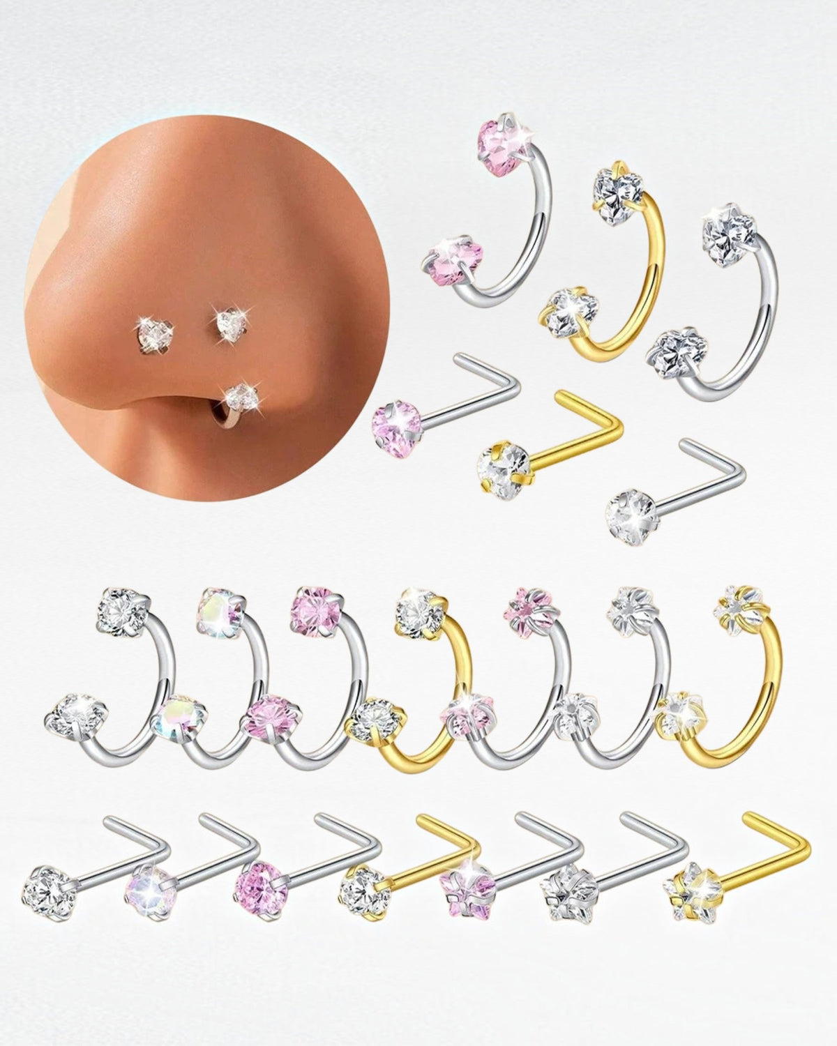 ZUPHAR CZ Nose Rings & Studs Set – Stainless Steel Body Jewelry 18G