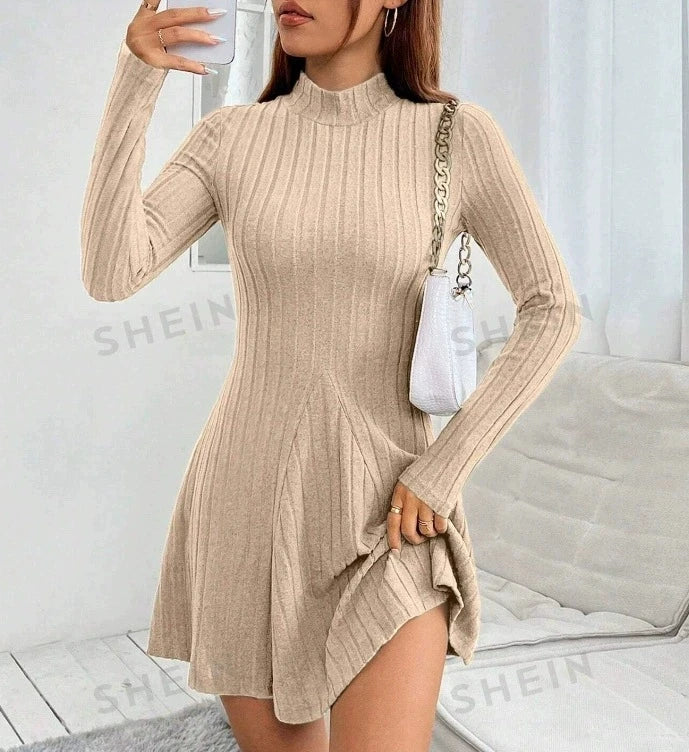 Elegant High-Neck Slim A-Line Mini Dress – Long Sleeve