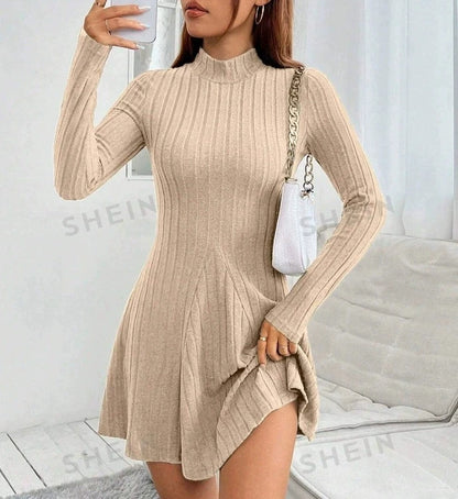 Elegant High-Neck Slim A-Line Mini Dress – Long Sleeve
