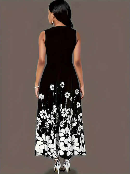 ZUPHAR™ Robe évasée sans manches noire à fleurs