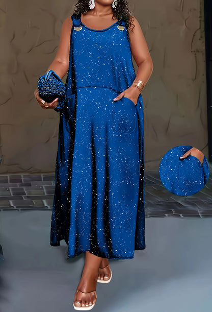 Women’s Plus Size Black Speckled Maxi Dress – Sleeveless Loose Fit Stretch Dress