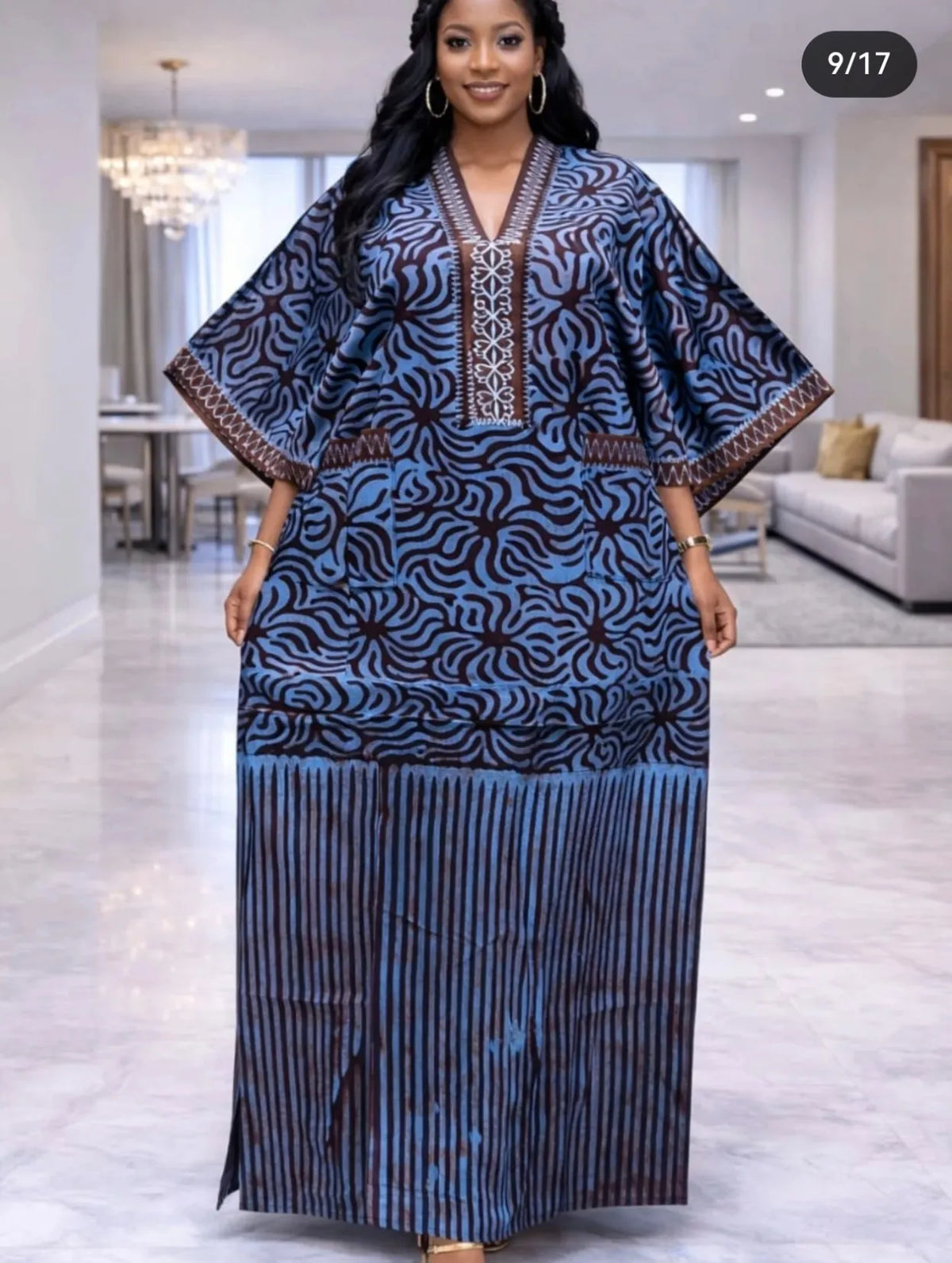 Women’s African Print Kaftan Maxi Dress – Loose V-Neck Gown