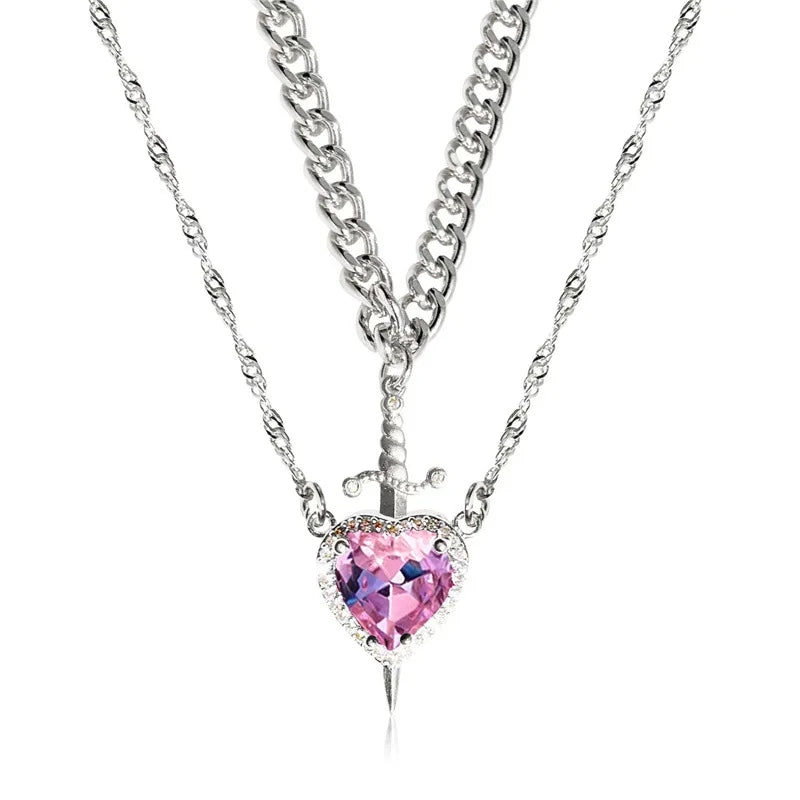 Heart & Sword Couple Necklace — Zirconia Pendant | Romantic Valentine's Gift
