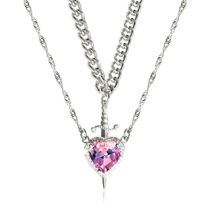 Heart & Sword Couple Necklace — Zirconia Pendant | Romantic Valentine's Gift