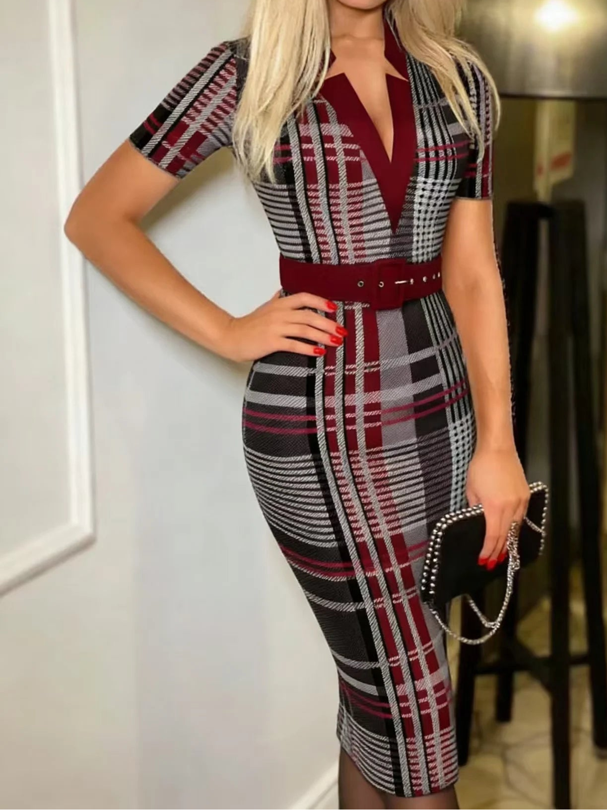 ZUPHAR™ Plaid V-Neck Midi Dress