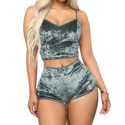 Women’s Velvet Cami & Shorts Pajama Set – 2-Piece V-Neck Sleepwear