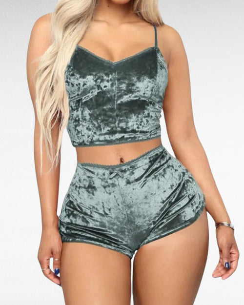 Women’s Velvet Cami & Shorts Pajama Set – 2-Piece V-Neck Sleepwear