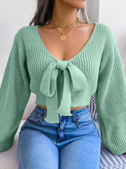 Women’s V-Neck Tie-Front Knit Sweater Top – Lantern Sleeves