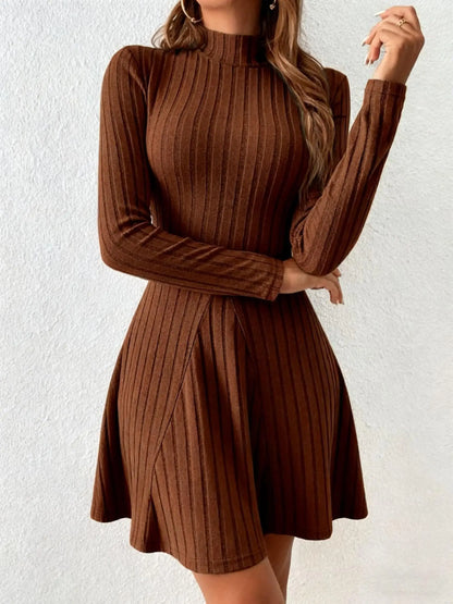 Elegant High-Neck Slim A-Line Mini Dress – Long Sleeve
