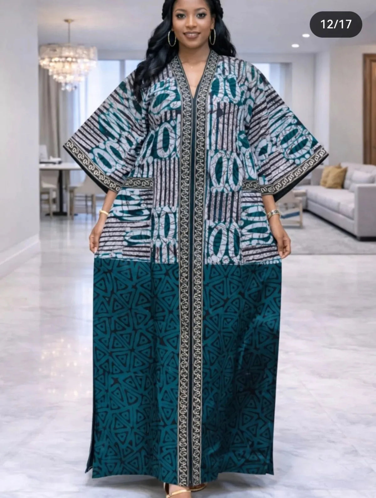 Women’s African Print Kaftan Maxi Dress – Loose V-Neck Gown