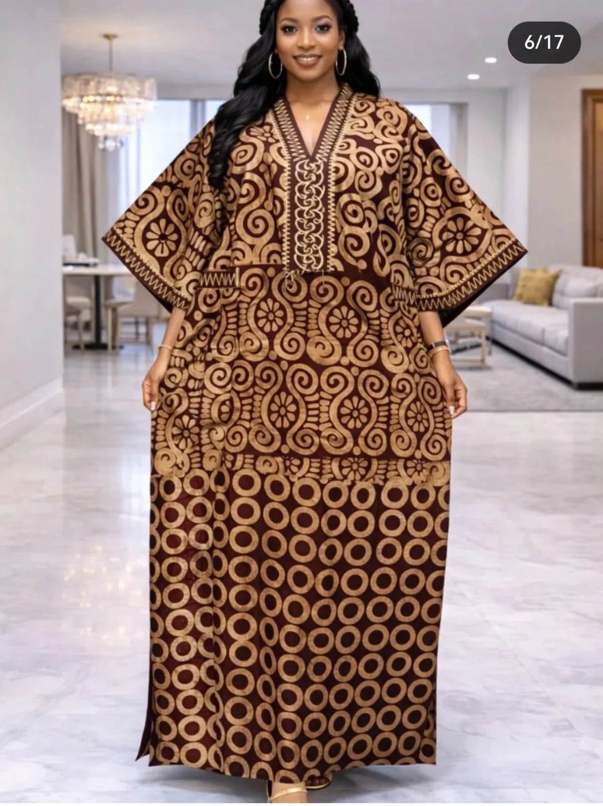 Women’s African Print Kaftan Maxi Dress – Loose V-Neck Gown