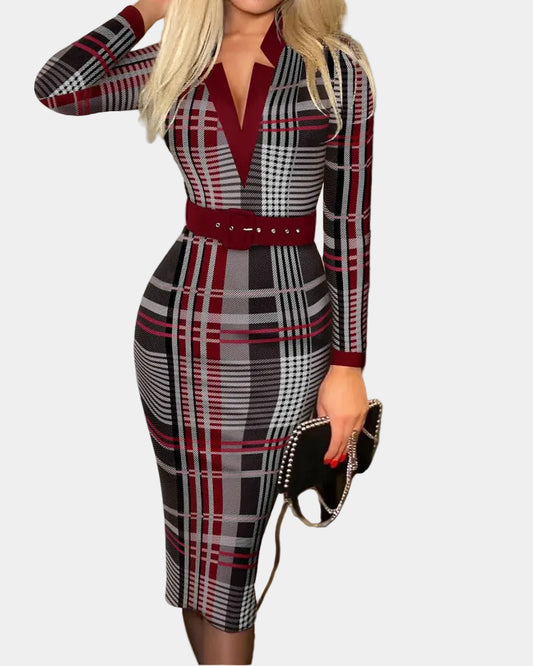 ZUPHAR™ Plaid V-Neck Midi Dress