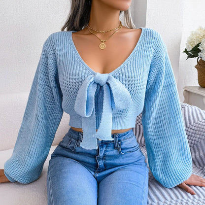 Women’s V-Neck Tie-Front Knit Sweater Top – Lantern Sleeves