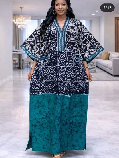 Women’s African Print Kaftan Maxi Dress – Loose V-Neck Gown