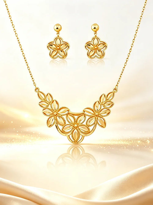 Gold-Plated Floral Necklace & Earrings Set for Women