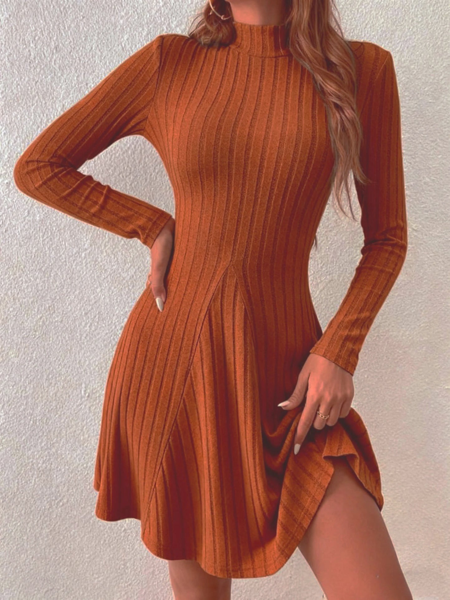 Elegant High-Neck Slim A-Line Mini Dress – Long Sleeve