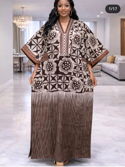 Women’s African Print Kaftan Maxi Dress – Loose V-Neck Gown