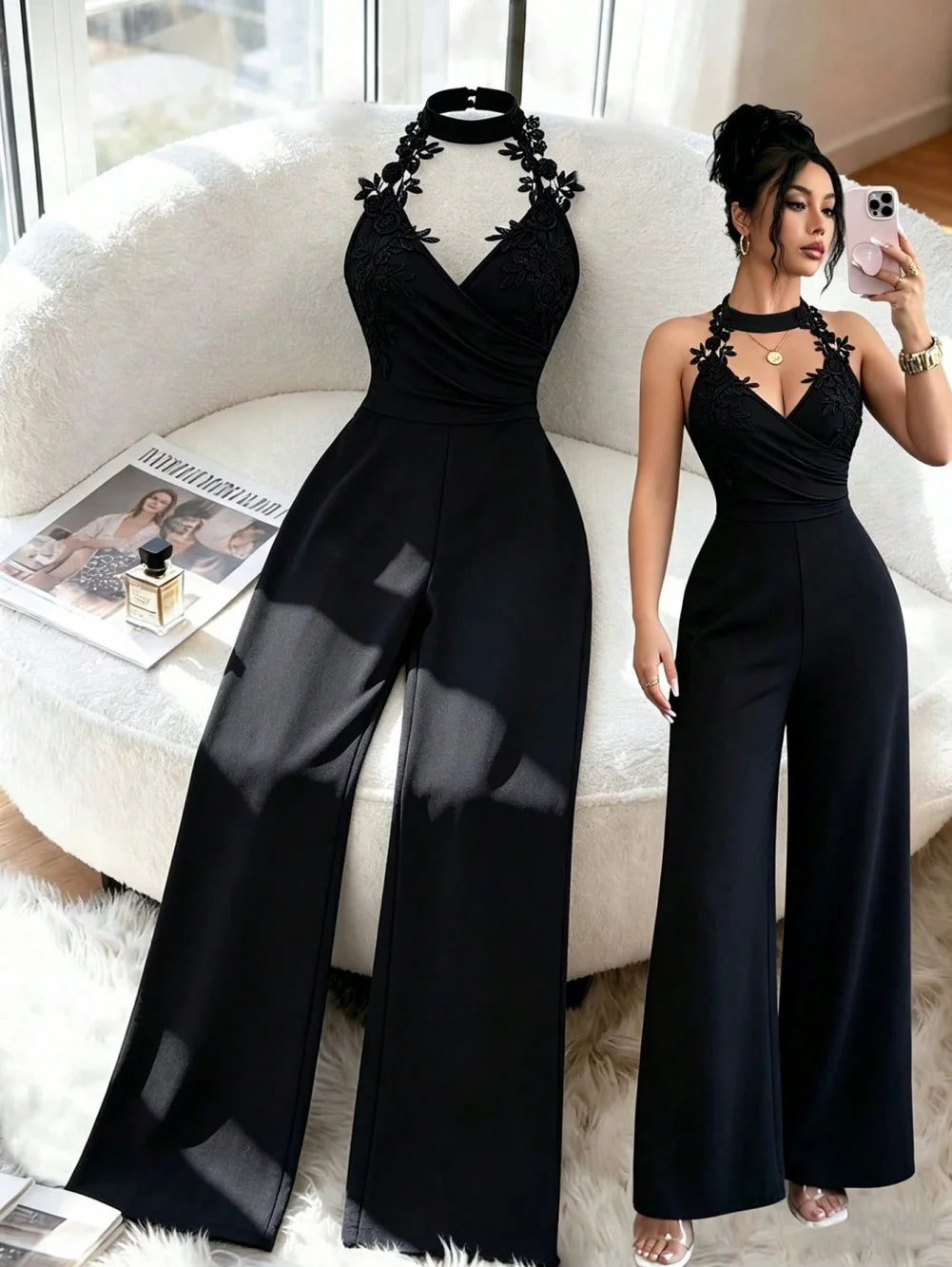 Women’s Lace Wide-Leg Jumpsuit with High Waist