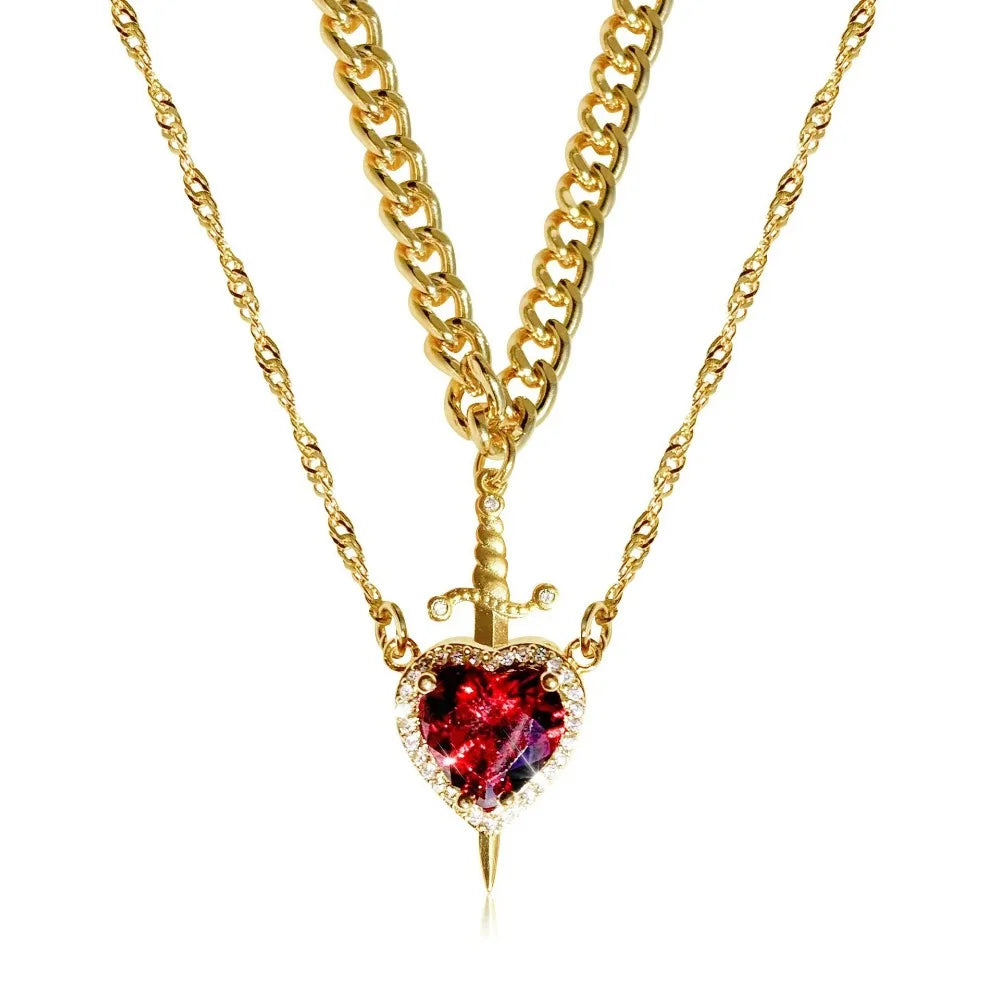 Heart & Sword Couple Necklace — Zirconia Pendant | Romantic Valentine's Gift