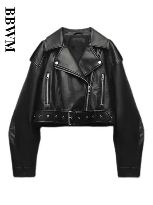 Oversized Faux Leather Biker Jacket with Belt – Women’s Streetwear