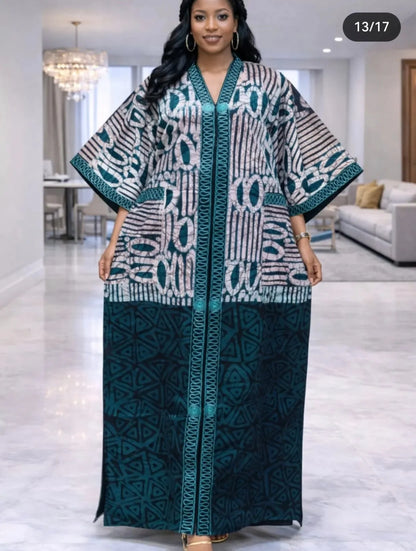 Women’s African Print Kaftan Maxi Dress – Loose V-Neck Gown