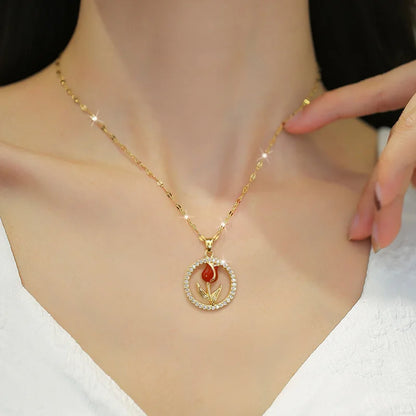 Red Rose Pendant Necklace – Stainless Steel Gold-Tone Floral Jewelry