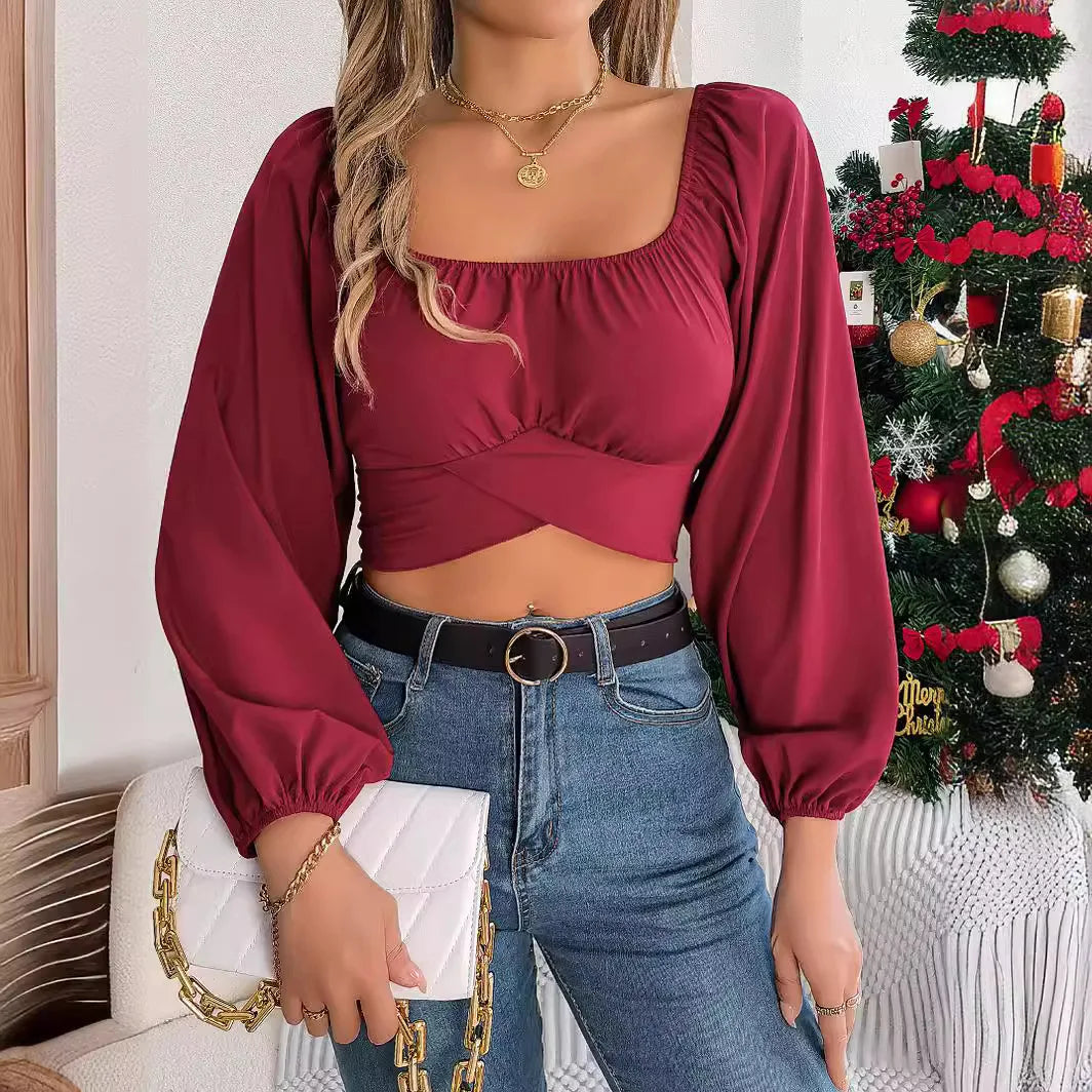 Women’s Square Neck Ruched Long Sleeve Chiffon Crop Top