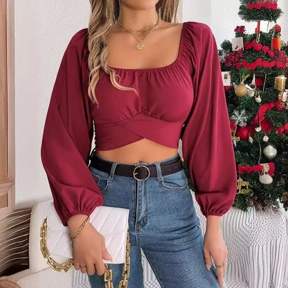 Women’s Square Neck Ruched Long Sleeve Chiffon Crop Top