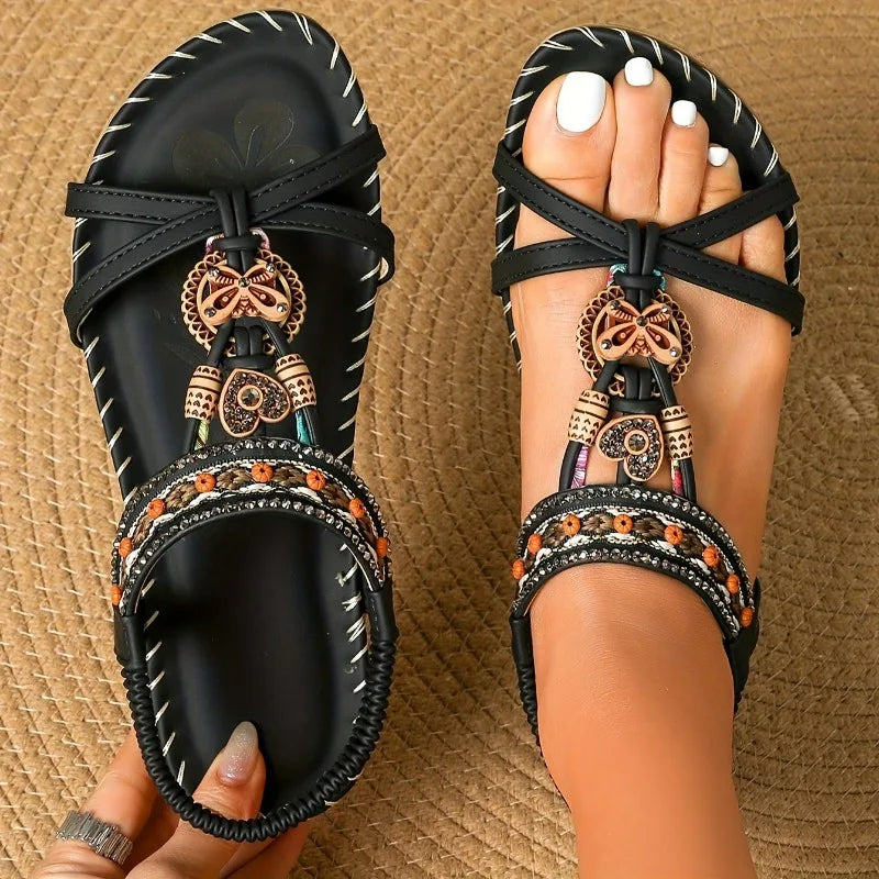 Women's Bohemian Flat Sandals – Beaded Open Toe Summer Shoes
